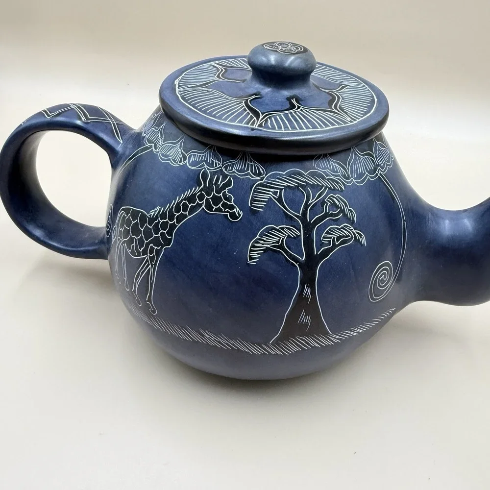 Afrian Soap Stone Tea Pot Etched Hand Painted Giraffe Safari Navy Kitchen